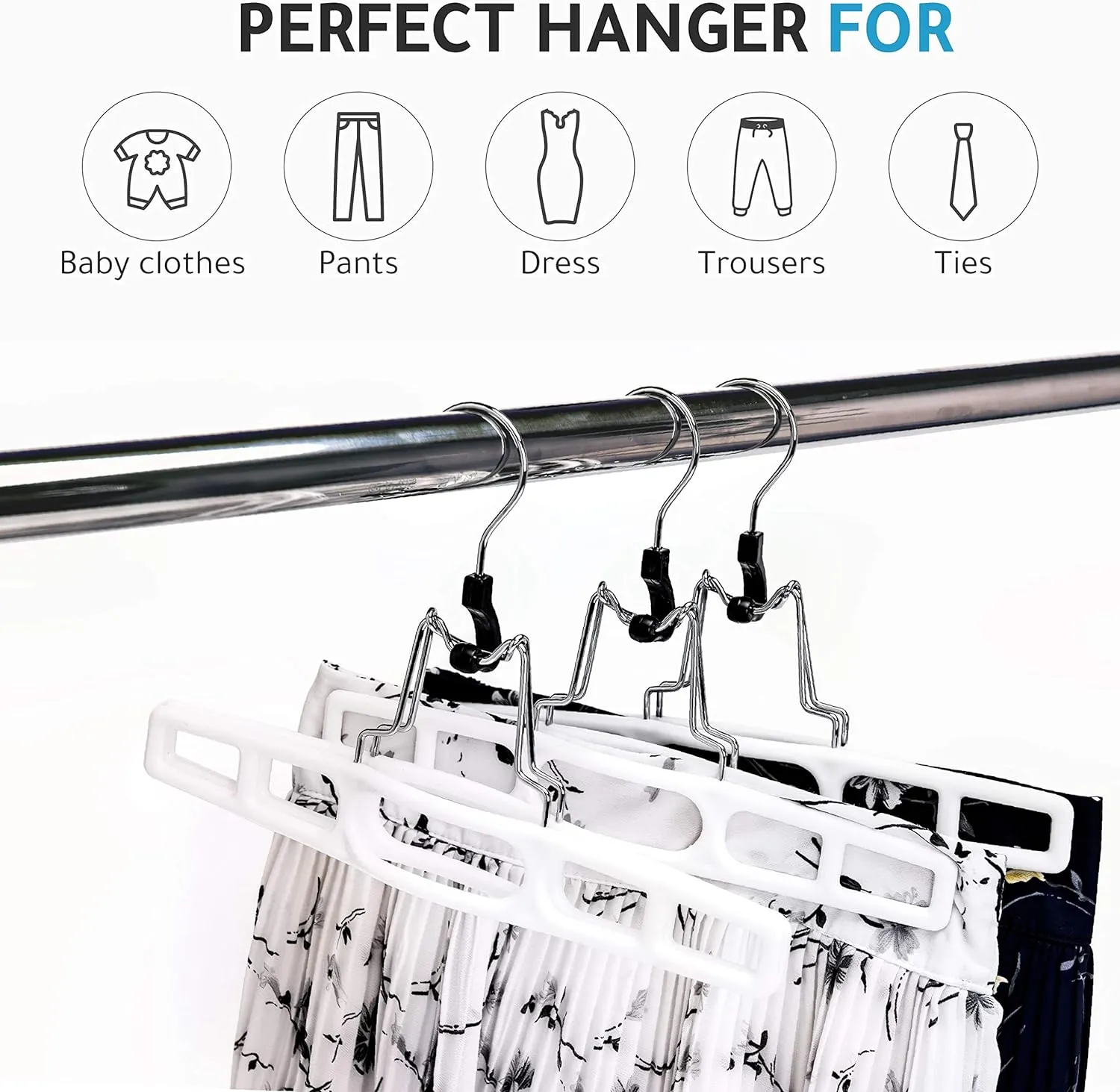 10 Pack Premium Skirt Hangers - Thin Space Saving Pant Hangers Set with Clamp, Shorts Hangers with Heavy Duty Locking Clasp, Multipurpose Jean Hangers Set - White