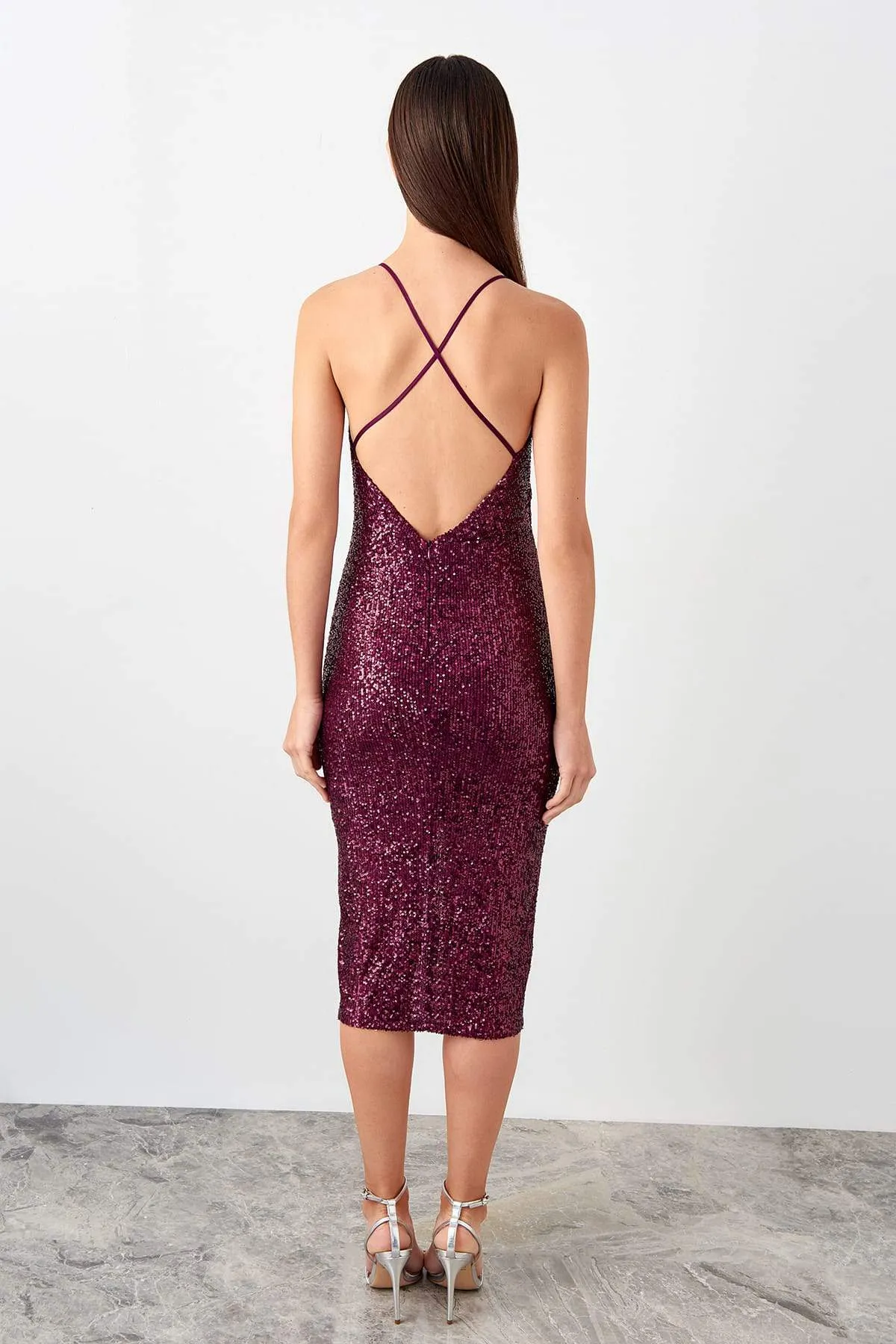 11700 Purple Cross Back Strap Slit Sequin Dress