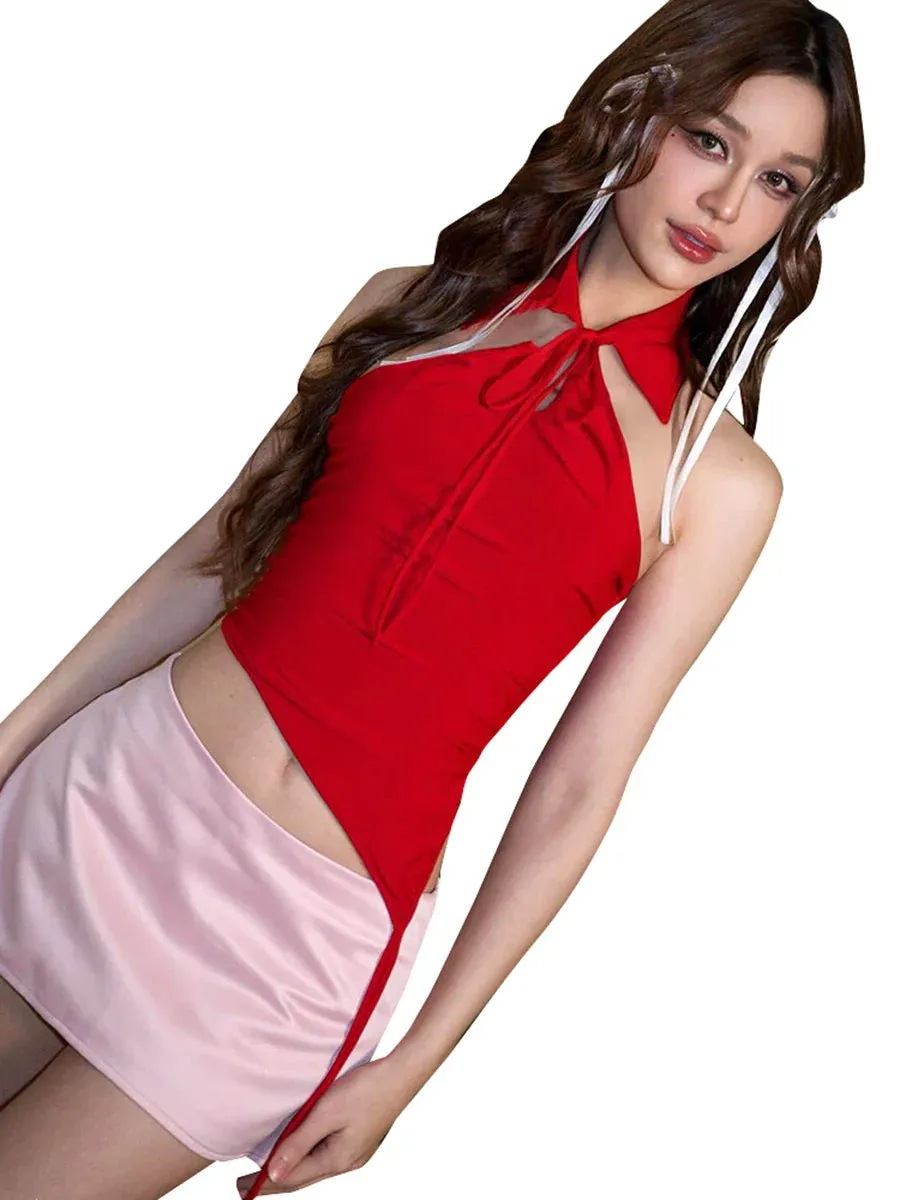 2024 Red Vintage Hollow Lapel Backless Asymmetric Suit Neck Flutter Tank Top