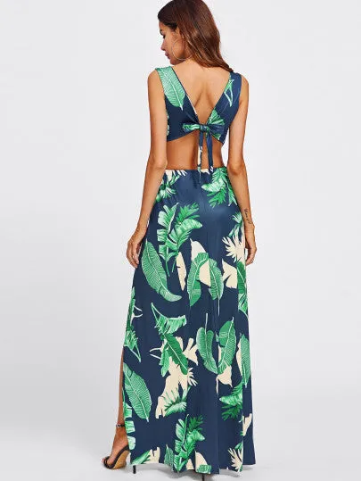 “Aroma” tropical print double split maxi dress