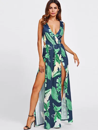 “Aroma” tropical print double split maxi dress