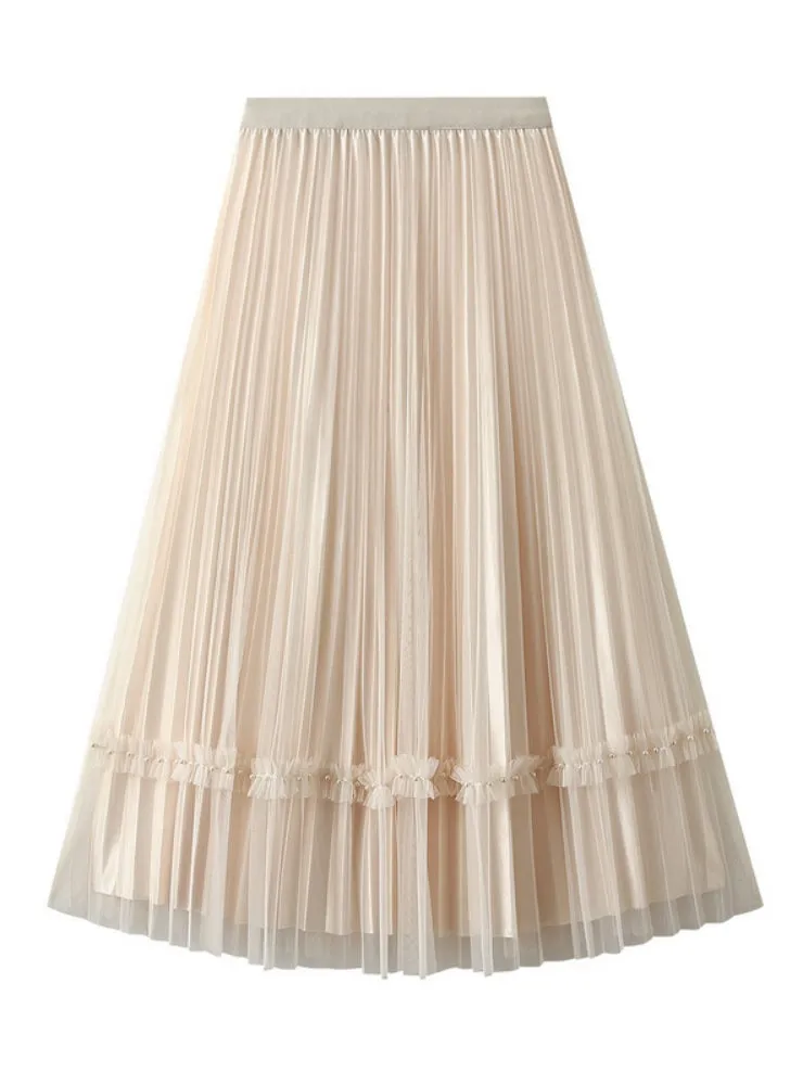 Beaded Mesh High Waist Pleated Skirt