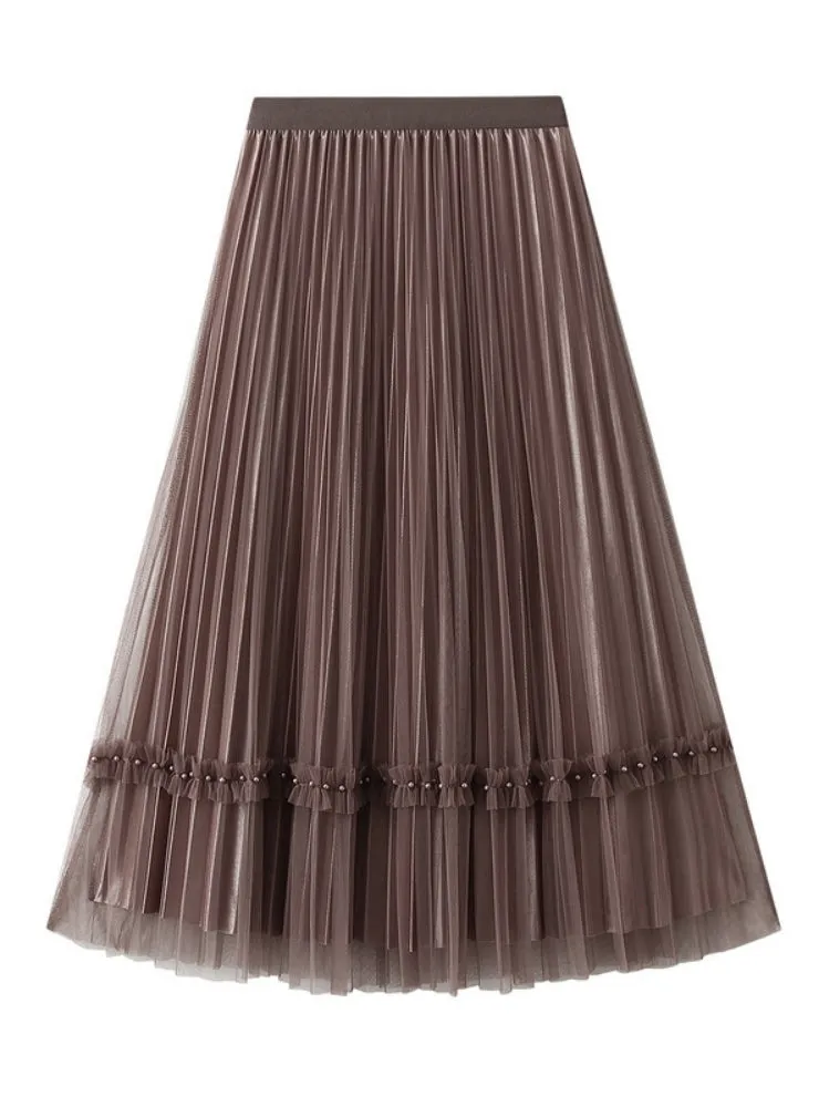 Beaded Mesh High Waist Pleated Skirt