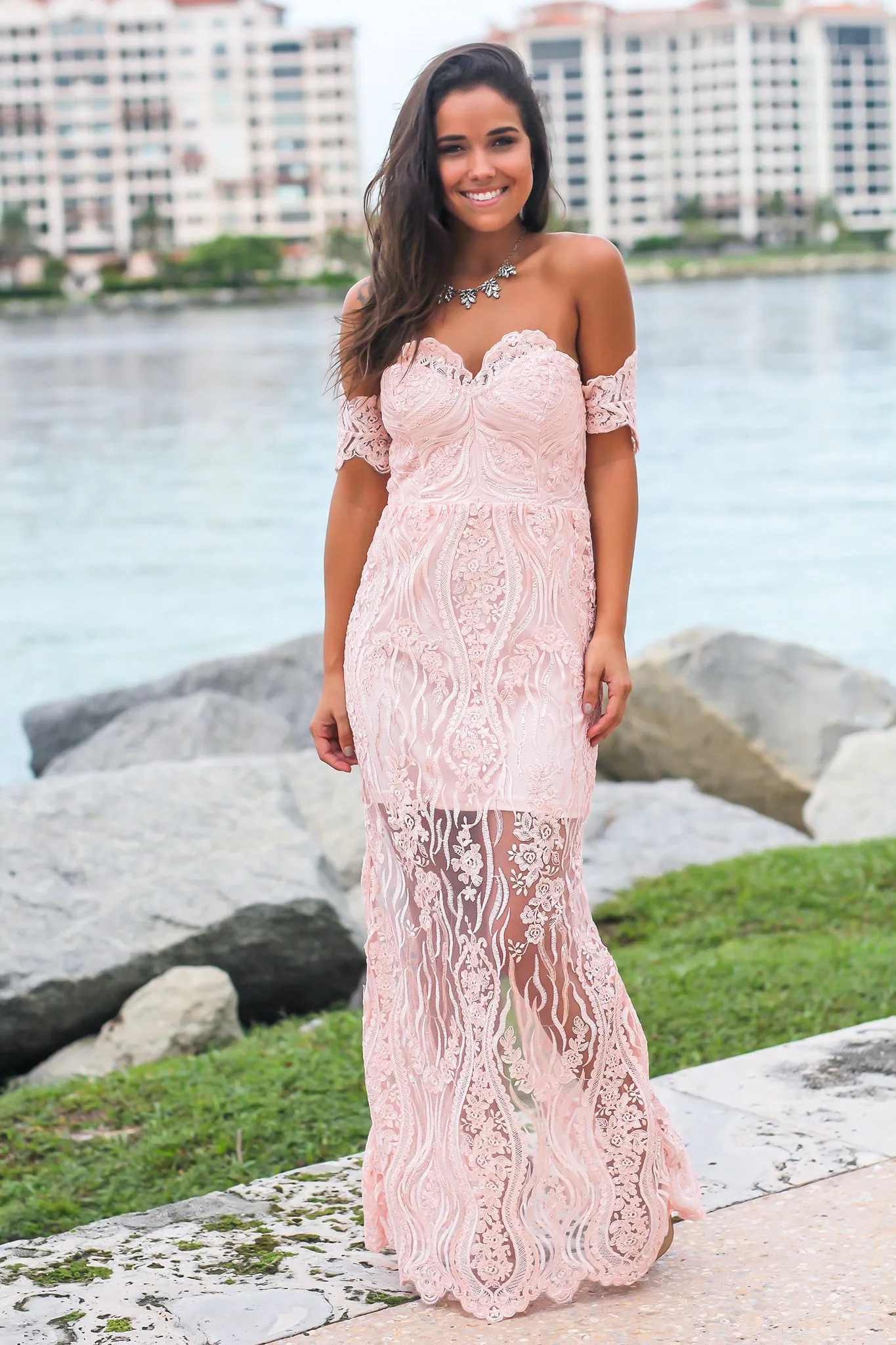 Blush Off Shoulder Embroidered Maxi Dress