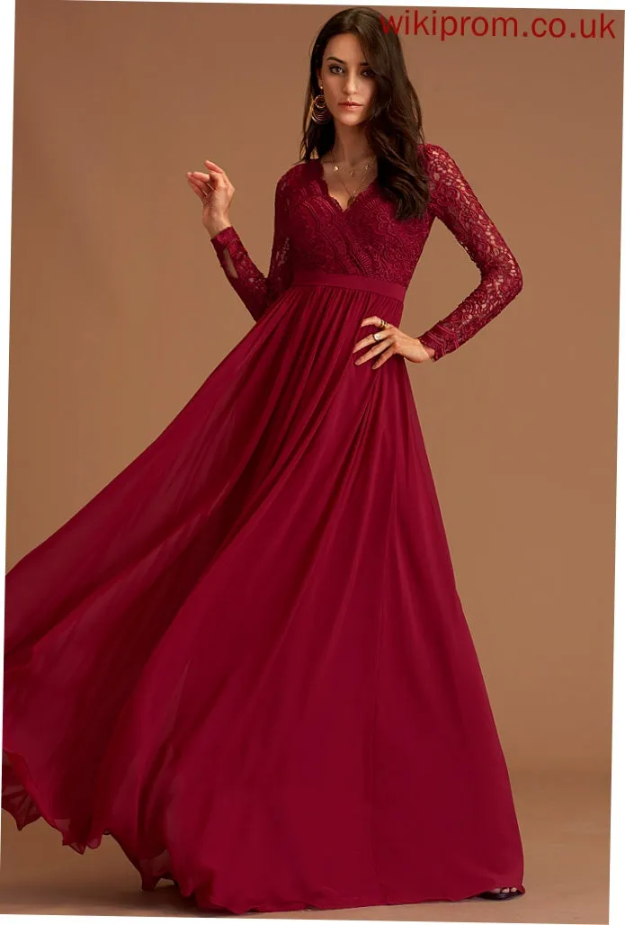 Chiffon Shirley Long Chiffon Lace A-line Club Dresses Maxi Dresses V-Neck Sleeves