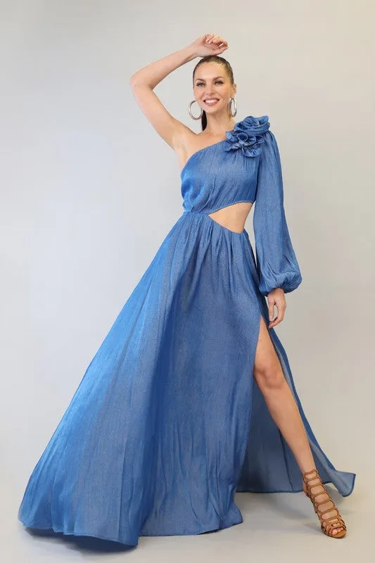 Denim One Shoulder Corsage Attached Long Lantern Slv Maxi Dress