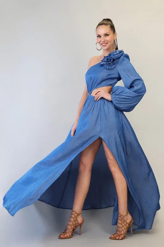 Denim One Shoulder Corsage Attached Long Lantern Slv Maxi Dress