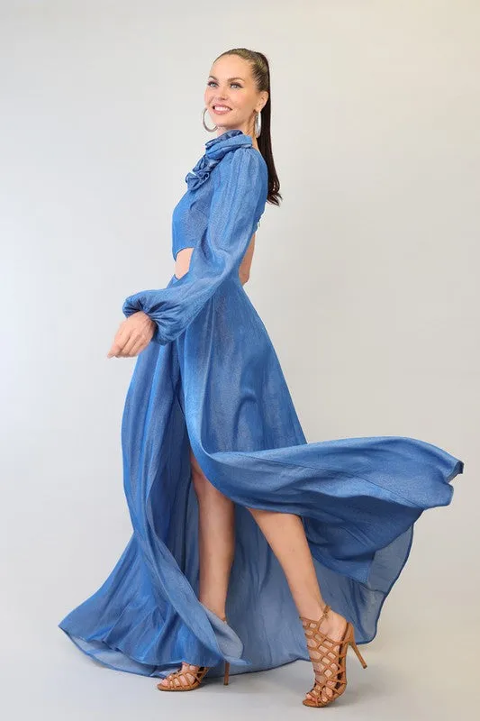 Denim One Shoulder Corsage Attached Long Lantern Slv Maxi Dress