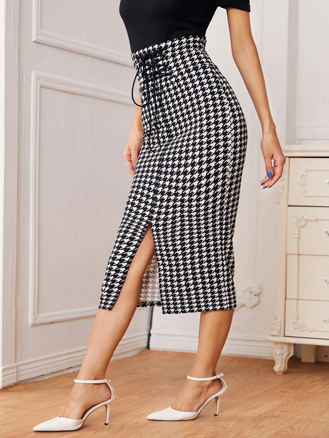 Elegant Houndstooth Split High Waist Midi Women Skirt