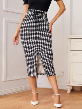 Elegant Houndstooth Split High Waist Midi Women Skirt