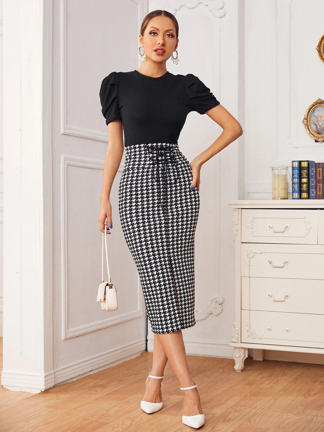 Elegant Houndstooth Split High Waist Midi Women Skirt