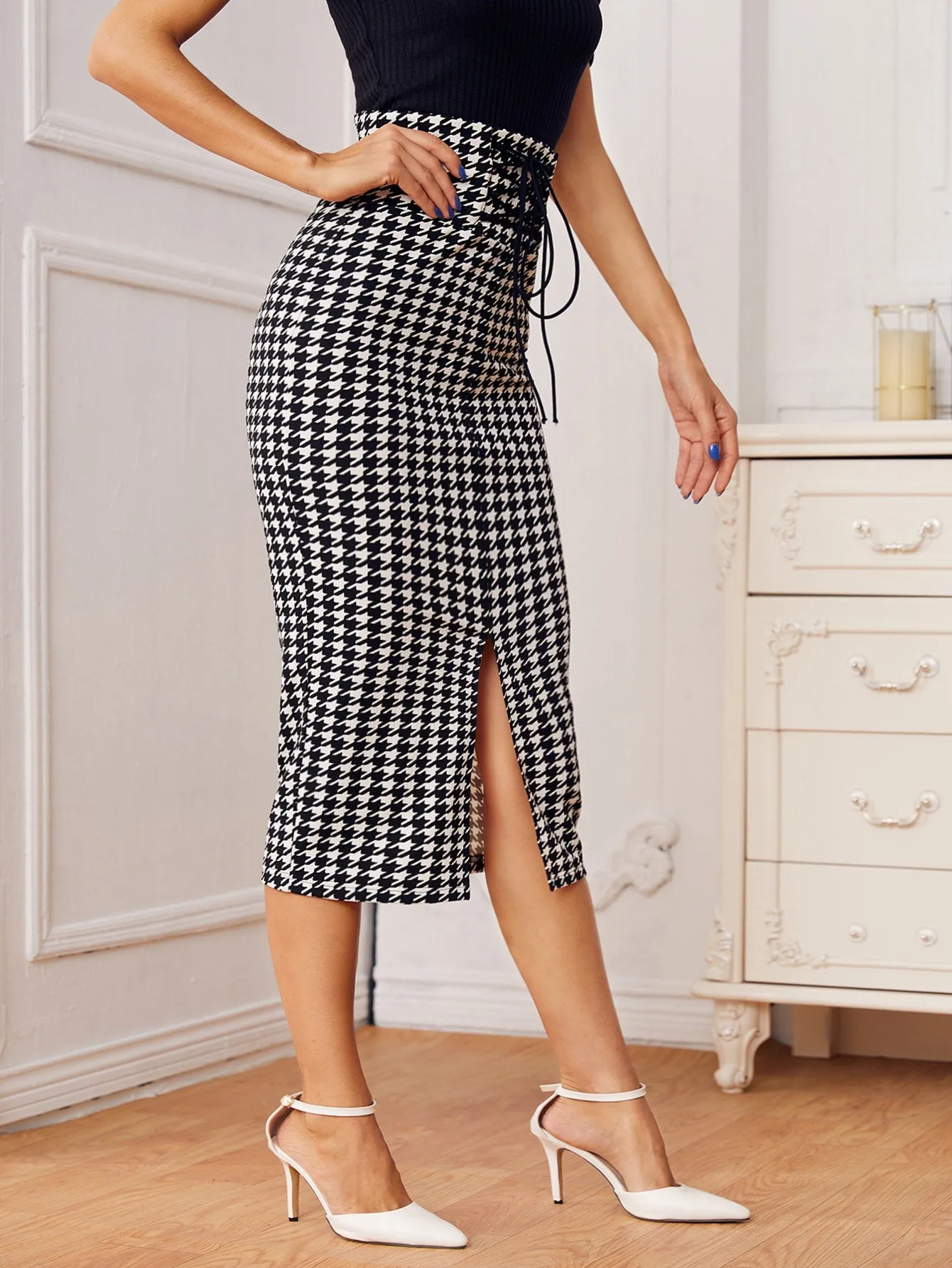 Elegant Houndstooth Split High Waist Midi Women Skirt