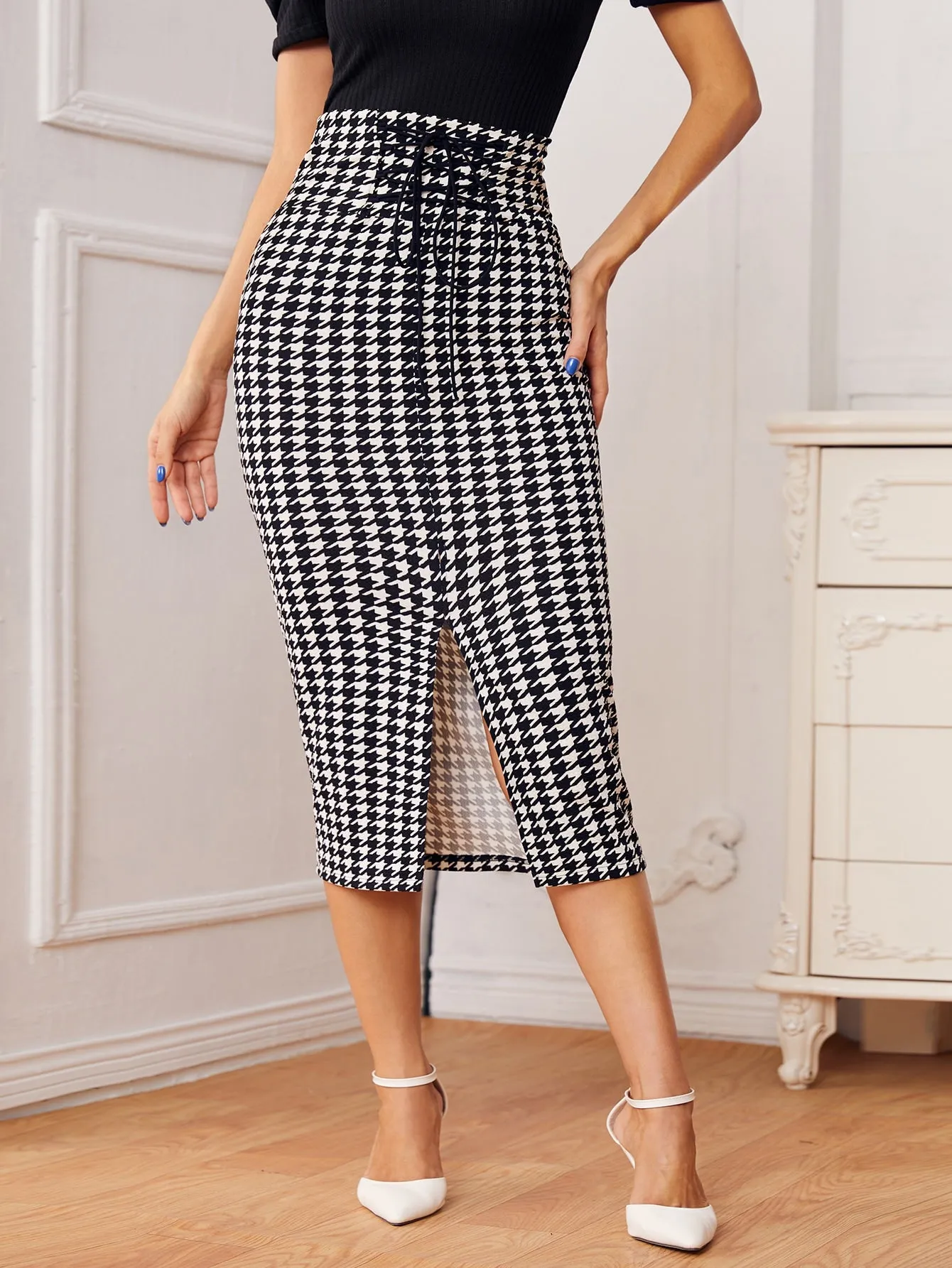 Elegant Houndstooth Split High Waist Midi Women Skirt