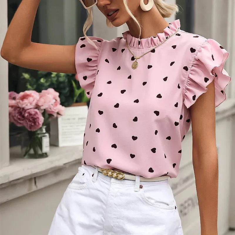 Fashion Chiffon Print Shirt Ruffled Round Neck Sleeveless Blouse