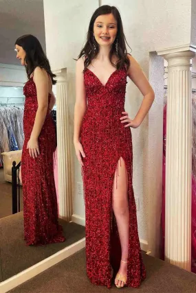 Glitter Red V-Neck Long Prom Dress with Tassel