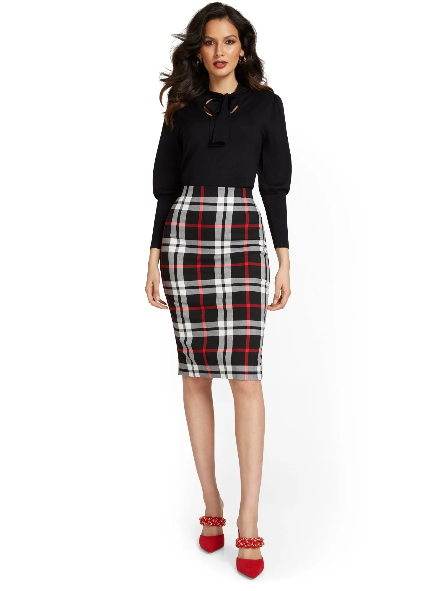 High-Waisted Plaid Pencil Skirt