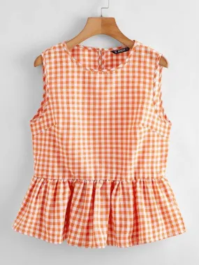 Keyhole Back Gingham Peplum Top