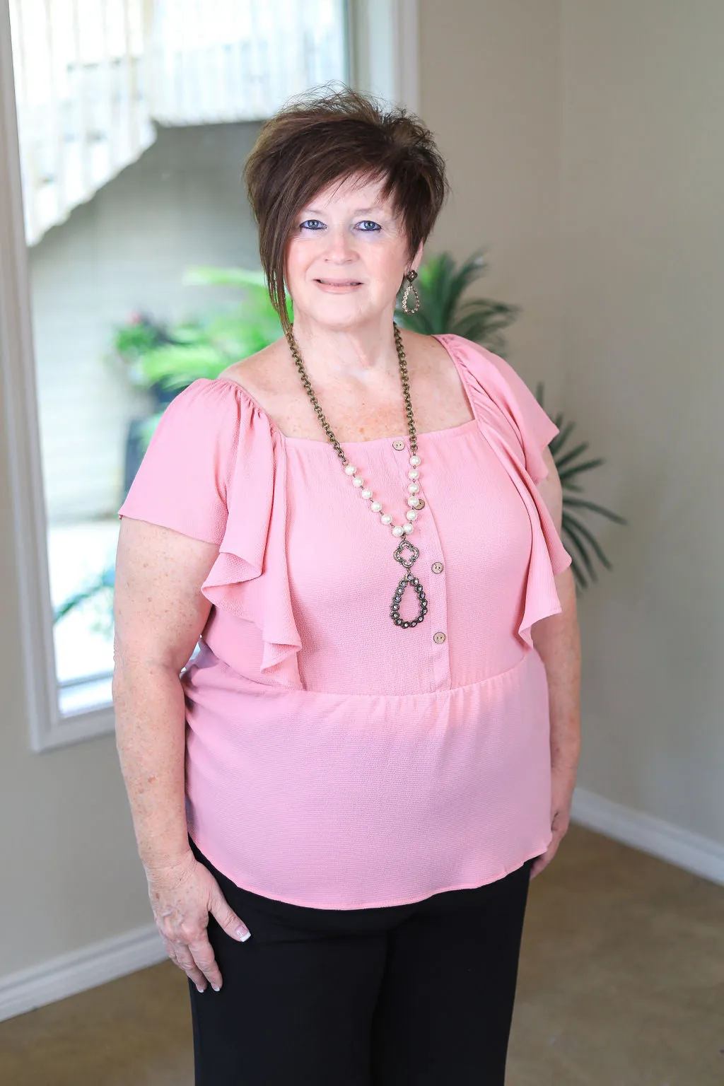 Last Chance Size 2XL | Plus Size | Resounding Success Peplum Top with Button Detail in Light Pink