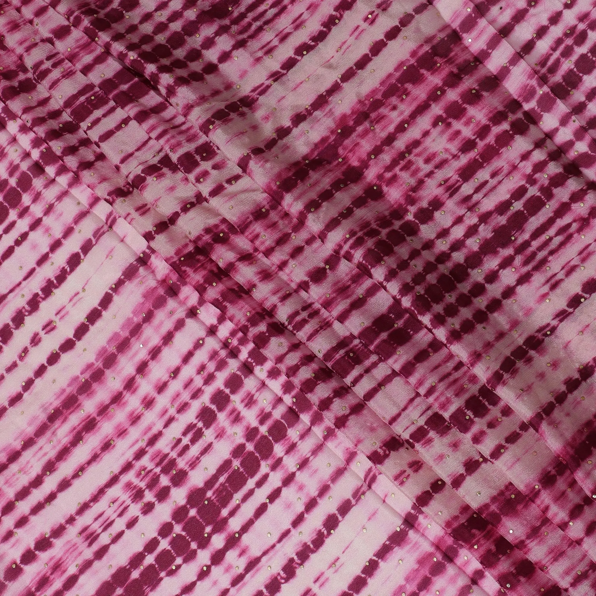 Magenta and Pink Tie-Dye Synthetic Chinon Fabric with gold foil, 110 cm Width-D19667