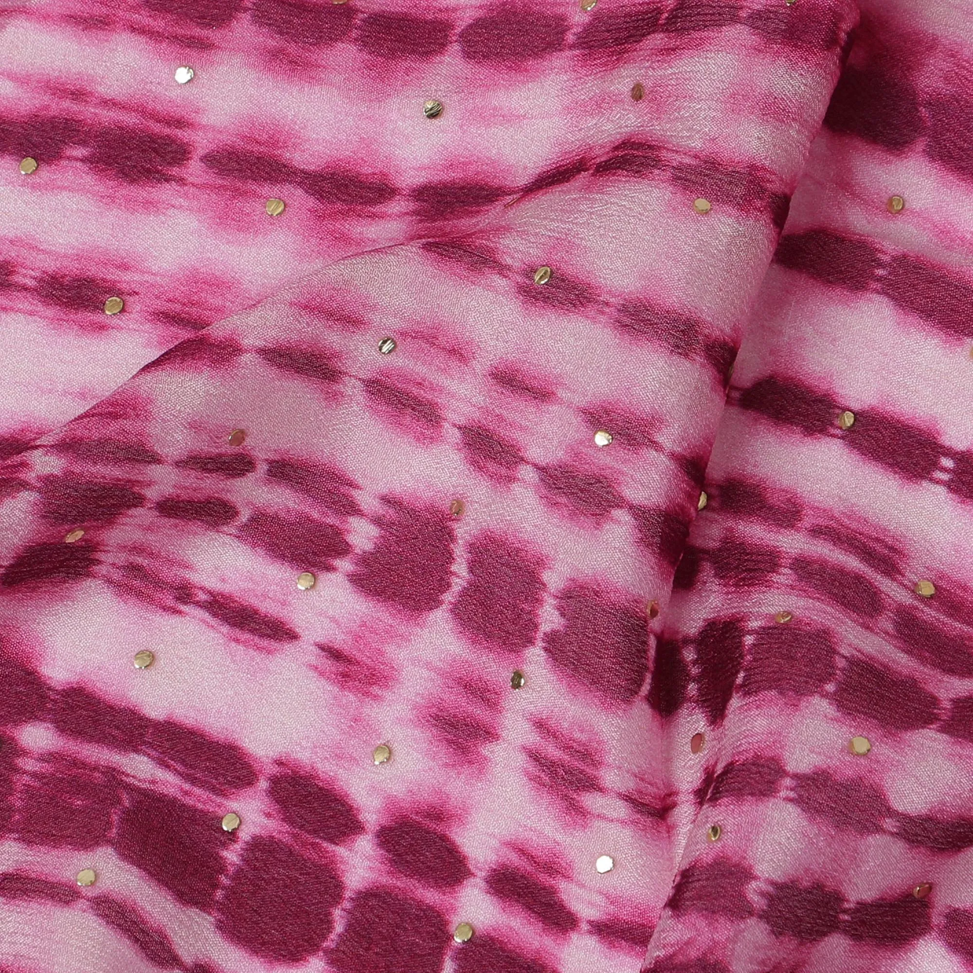 Magenta and Pink Tie-Dye Synthetic Chinon Fabric with gold foil, 110 cm Width-D19667