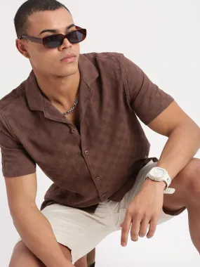 Men Cuban Collar Solid Brown Shirt