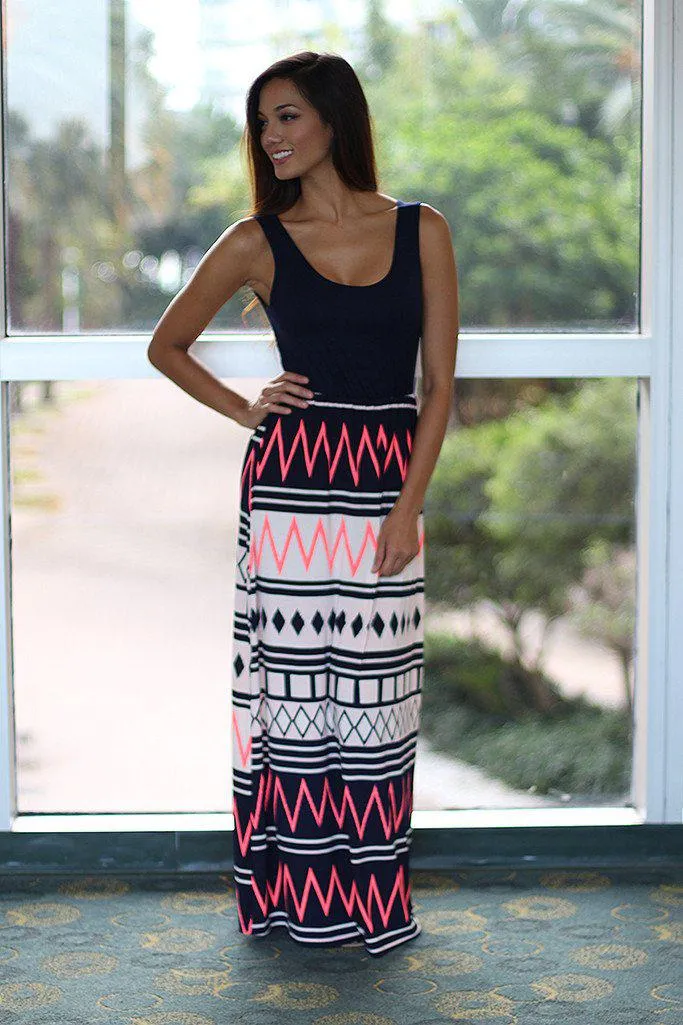 Navy And Neon Pink Maxi Dress With Criss Cross Back