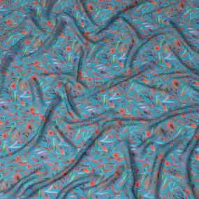 Ocean Blue Synthetic Chiffon Fabric with Tropical Coral and Teal Floral Print, 140 cm Wide-D19117