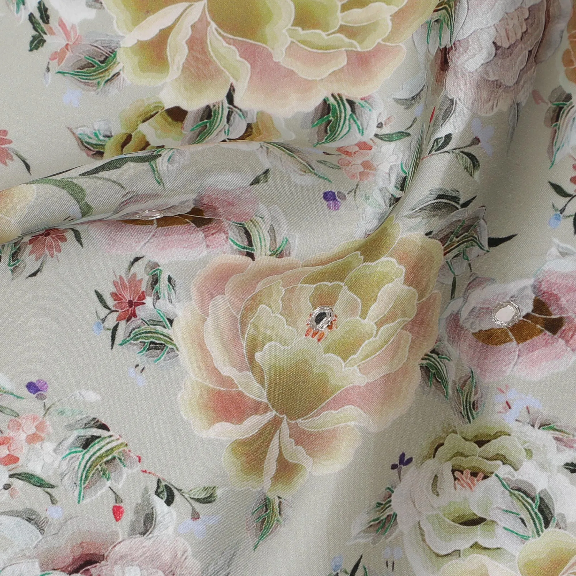 Pastel Peony Floral Viscose Modal Satin Fabric with Mirror Work - 110 cm Width-D20268