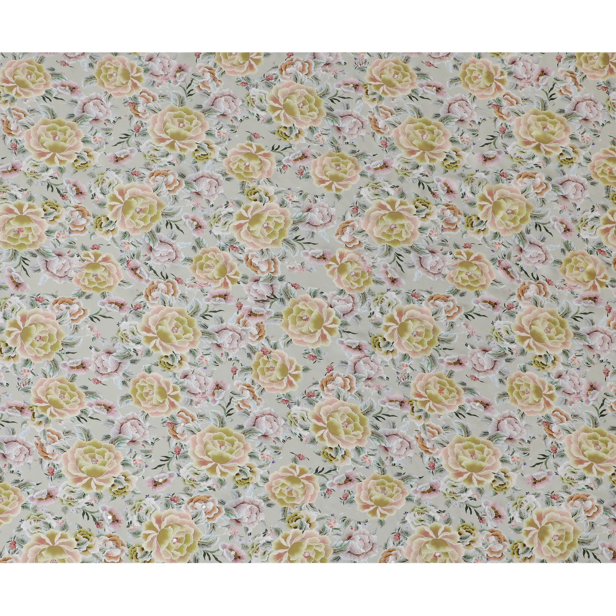 Pastel Peony Floral Viscose Modal Satin Fabric with Mirror Work - 110 cm Width-D20268