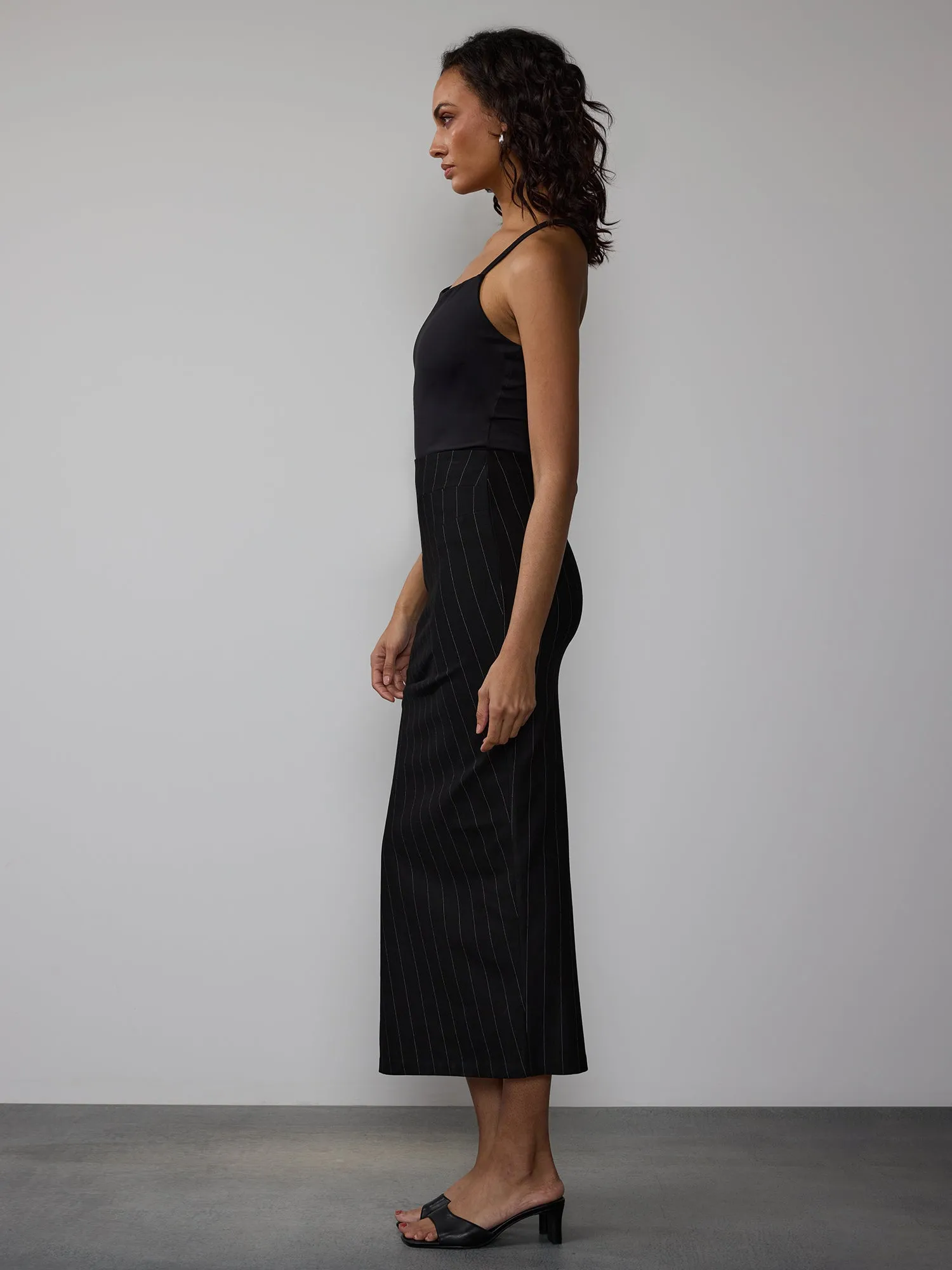 Pinstripe Ponte Maxi High Slit Skirt