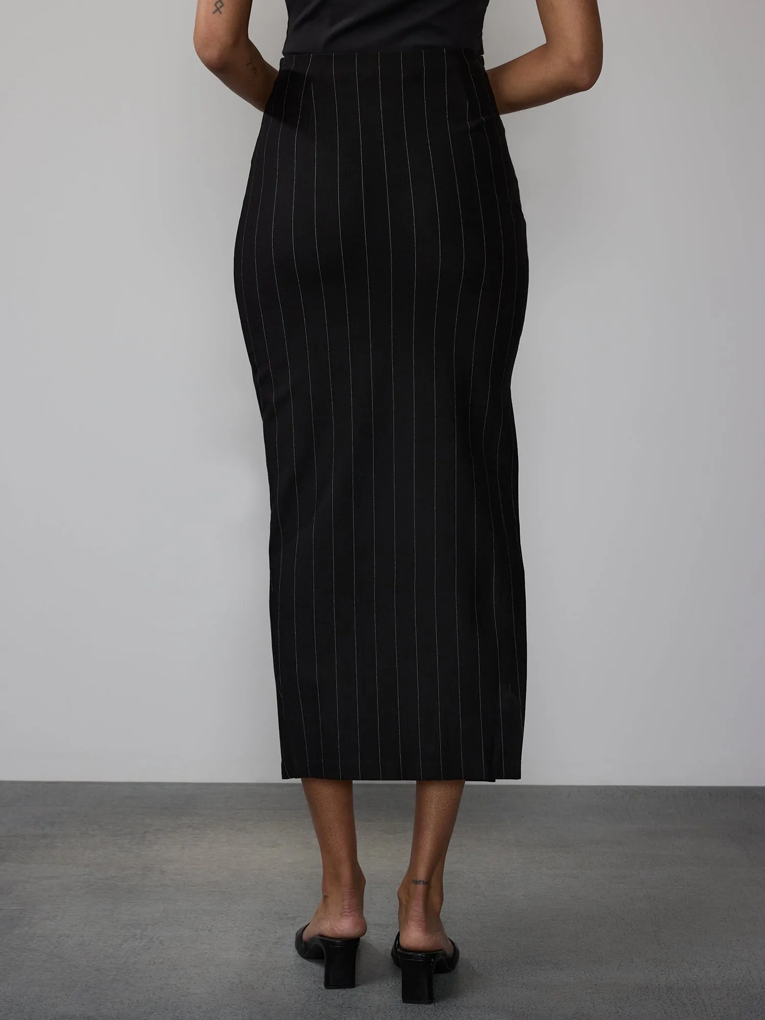 Pinstripe Ponte Maxi High Slit Skirt