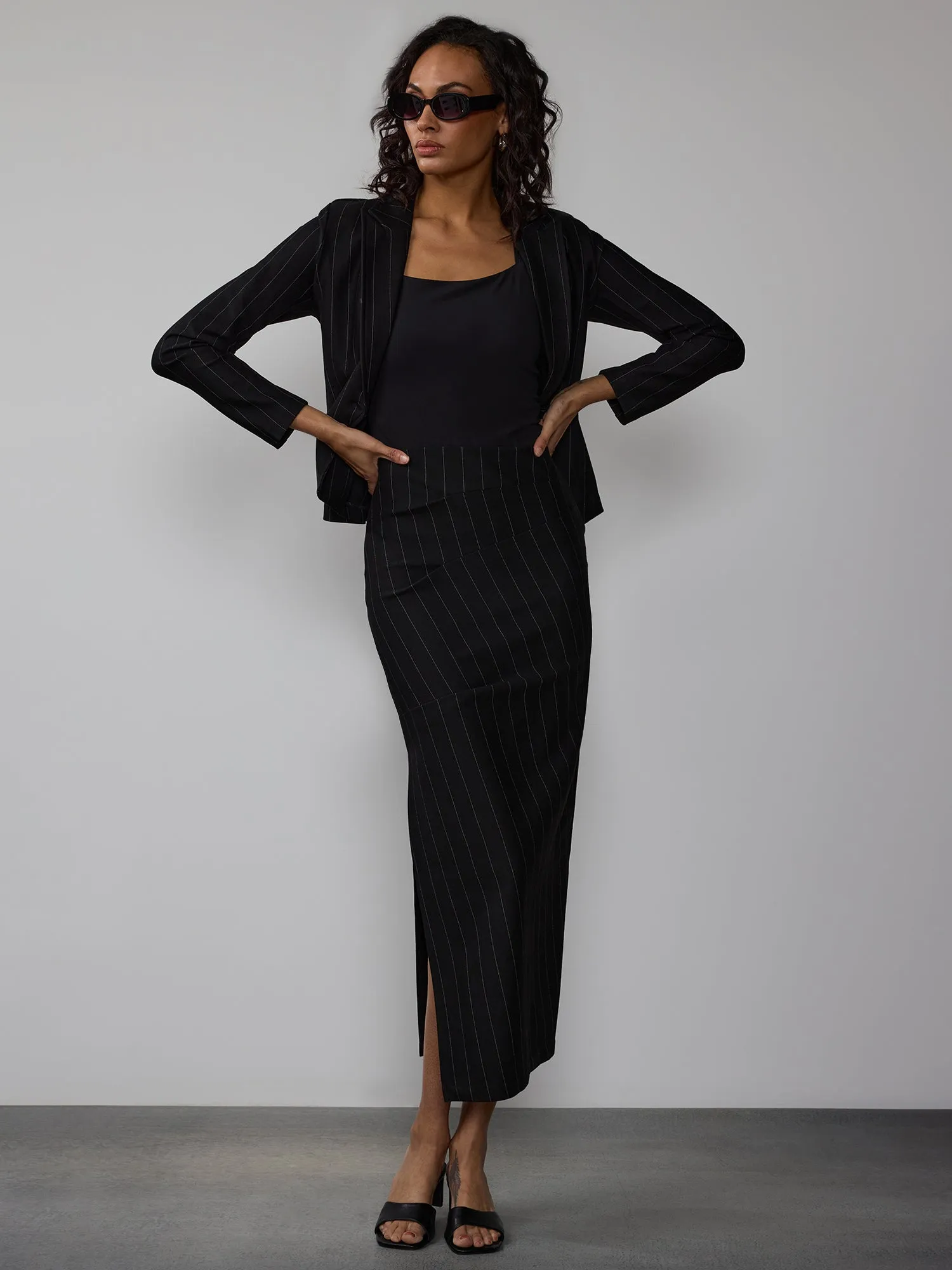 Pinstripe Ponte Maxi High Slit Skirt