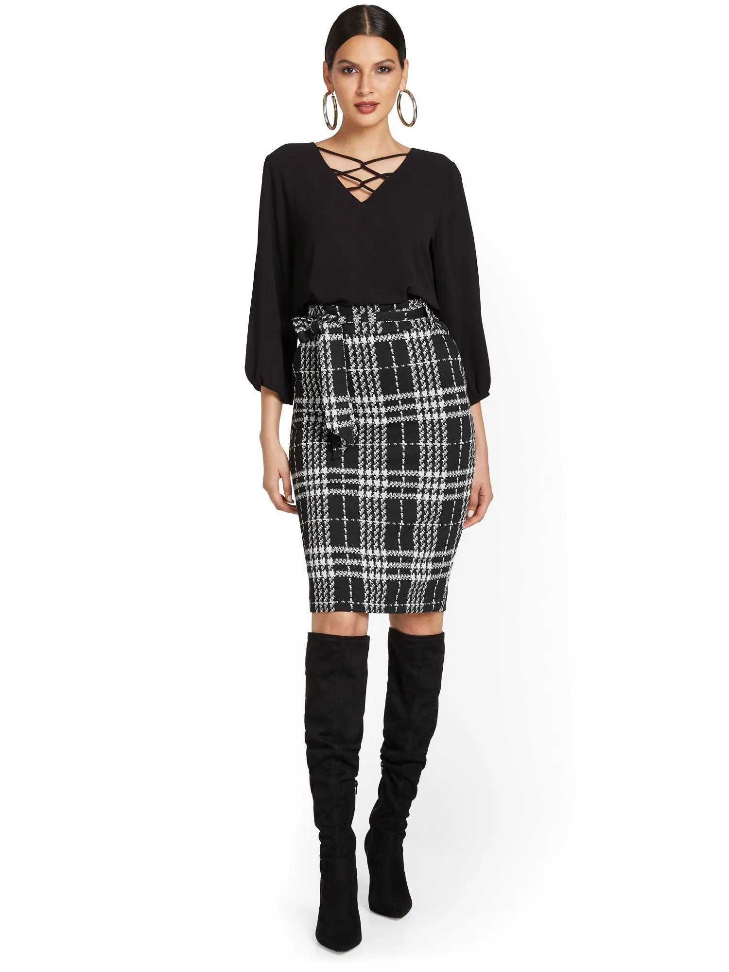 Plaid Paperbag-Waist Pencil Skirt