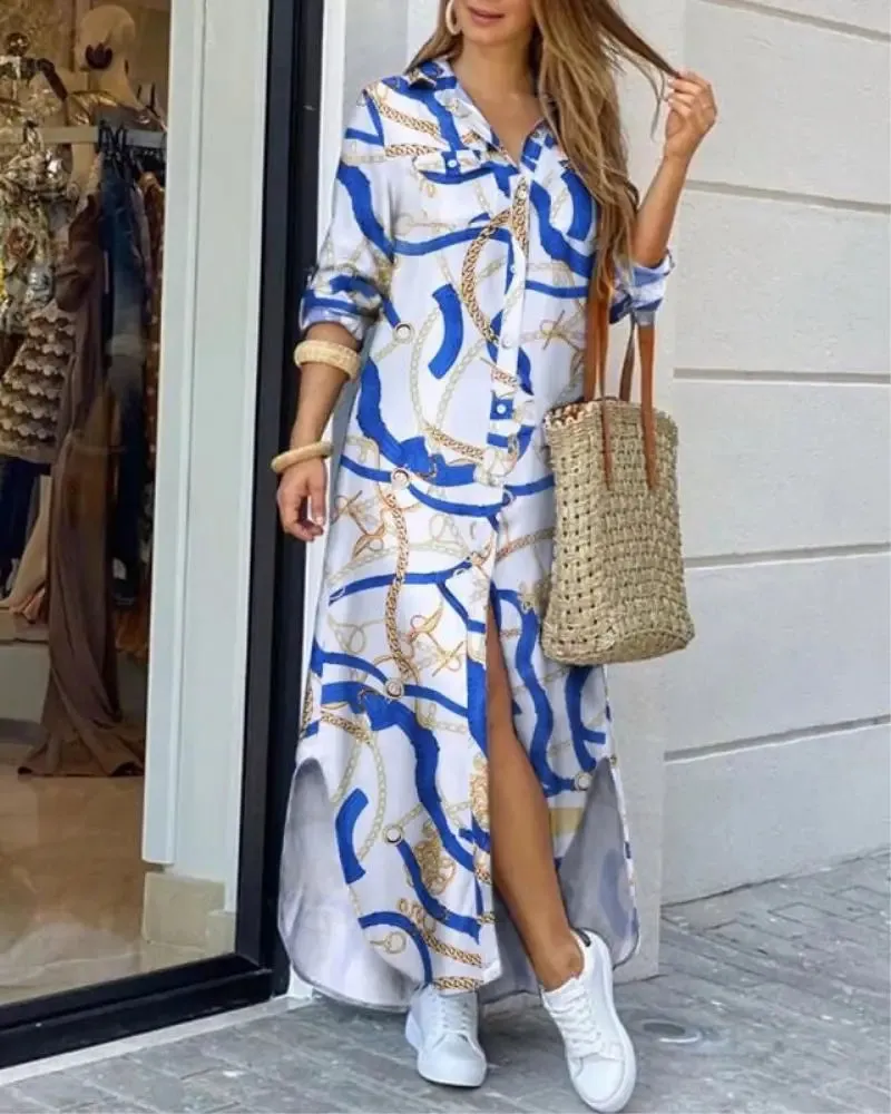 Printed Pleated A-line Split Knit Maxi Shirt Dress (6 styles)