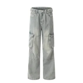 Punk Old Wash Denim Cargo Pants Trousers Men