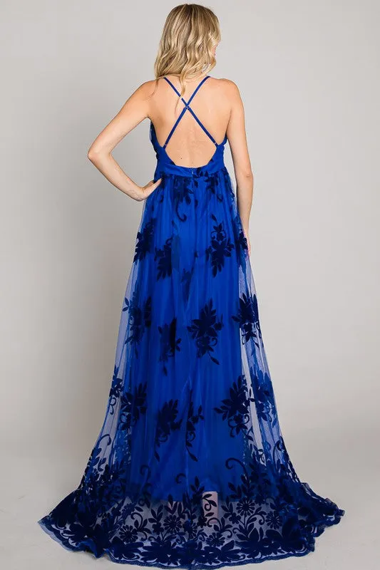 Royal Blue Velvet Print Maxi Dress