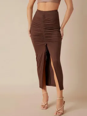 Ruched Knot Front Split Thigh High Waist Skirt