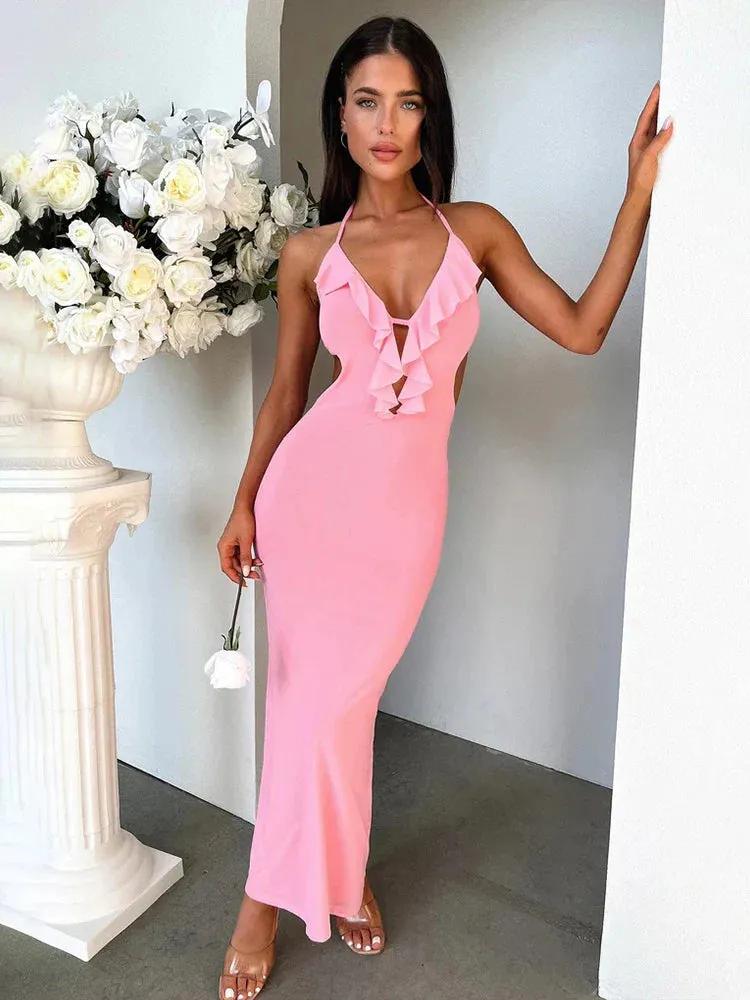 Ruffles Halter Nightclub Backless Slim Bodycon Long Elegant Summer Maxi Dress