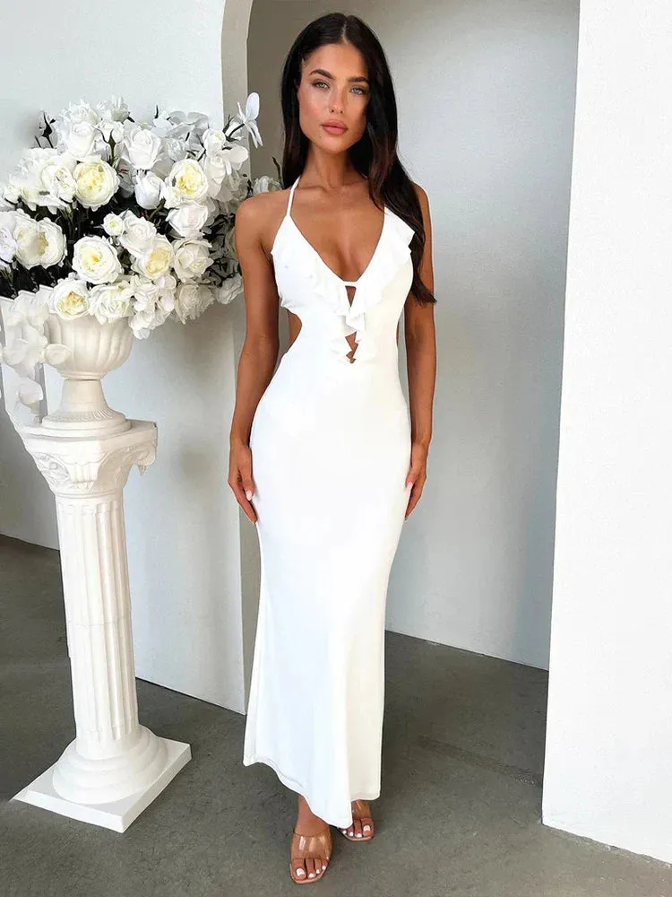 Ruffles Halter Nightclub Backless Slim Bodycon Long Elegant Summer Maxi Dress