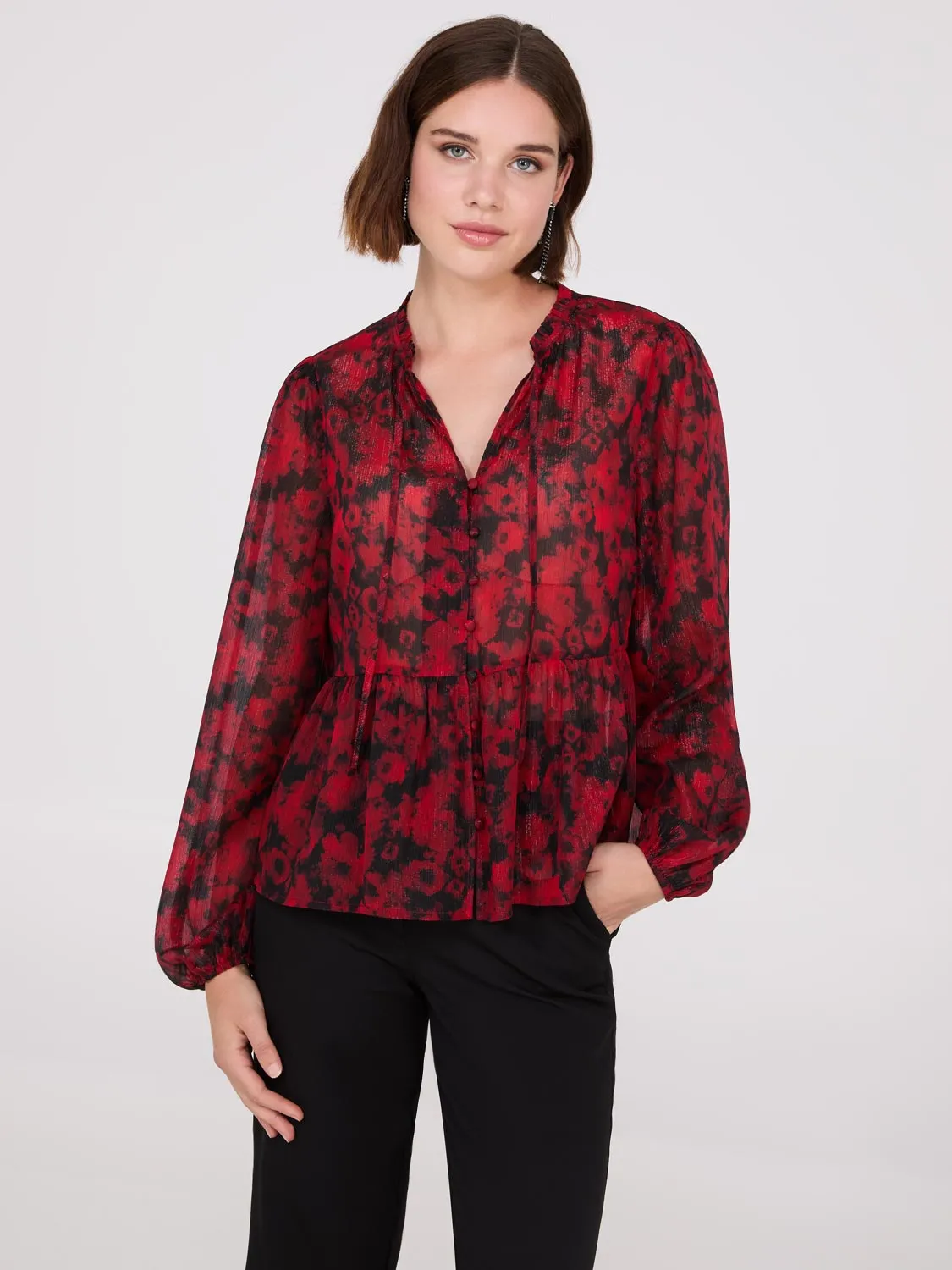 Shimmer Floral Print Peplum Blouse