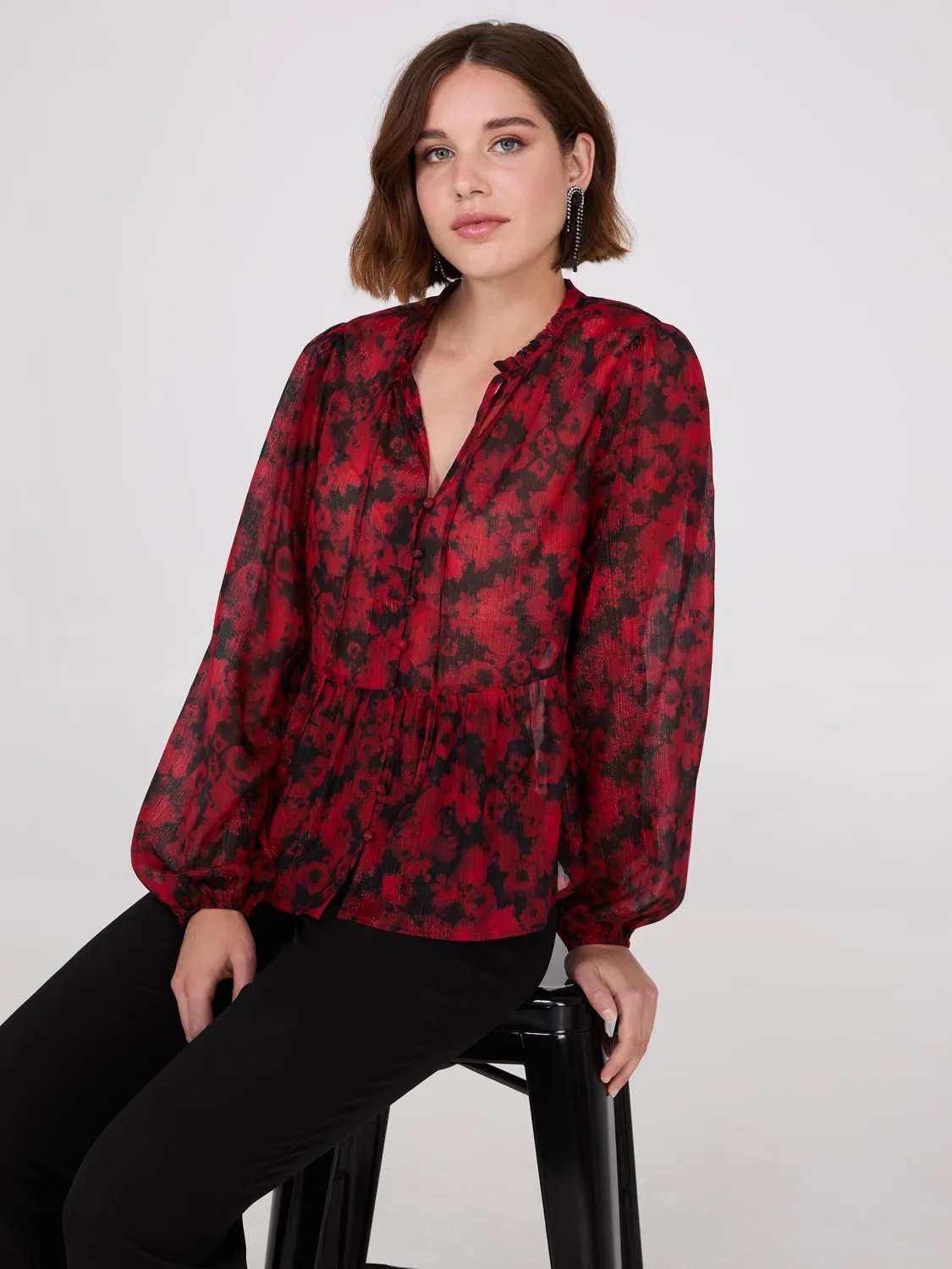 Shimmer Floral Print Peplum Blouse