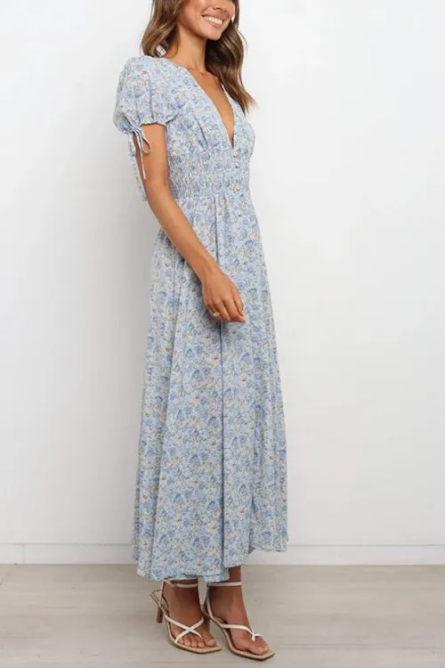 Shirred Waist V Neck Maxi Dress