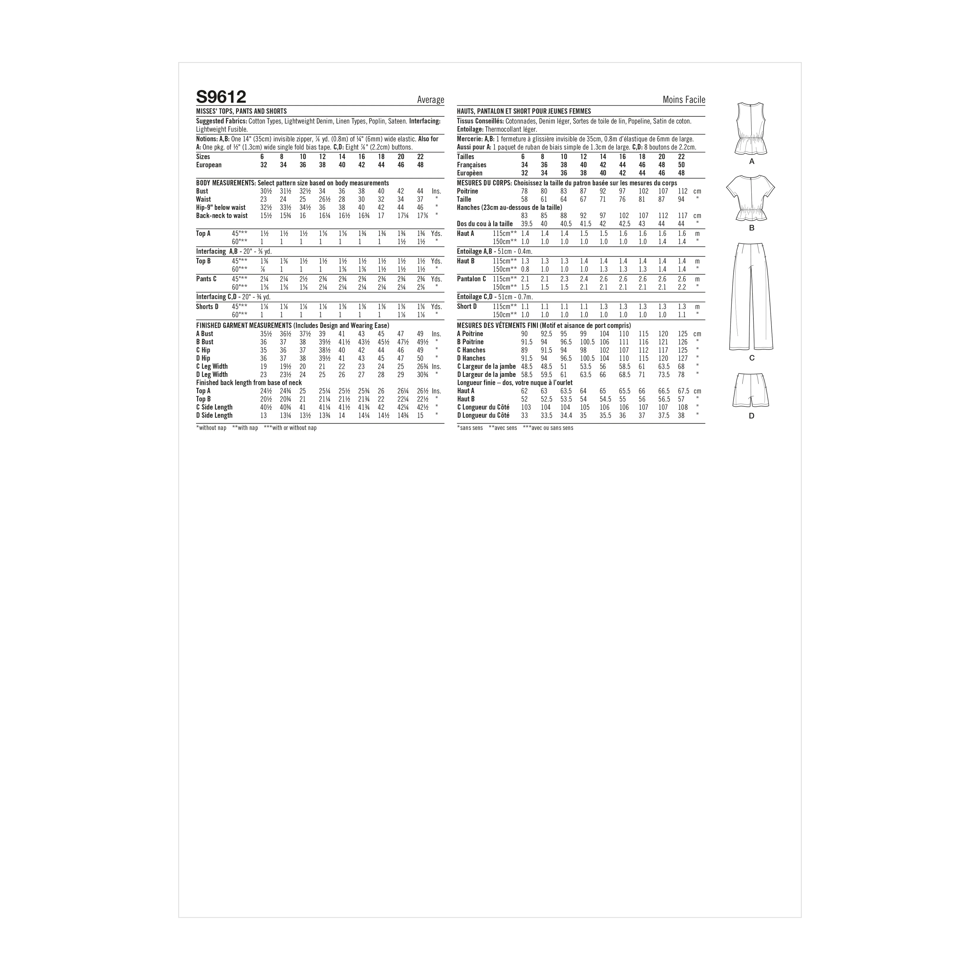 Simplicity Pattern SS9612 Misses' Tops, Pants and Shorts