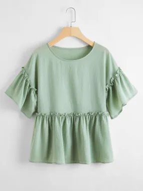 Solid Flounce Sleeve Peplum Blouse