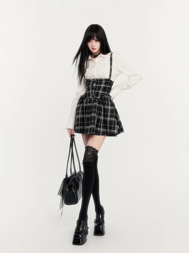 Super High Waist Plaid Suspender Skirt