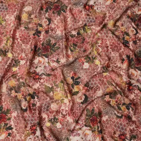 Synthetic Modal Satin Fabric with Stone Work - Vintage Rose and Lace Pattern in Earthy Tones, 110 cm Width-D20655