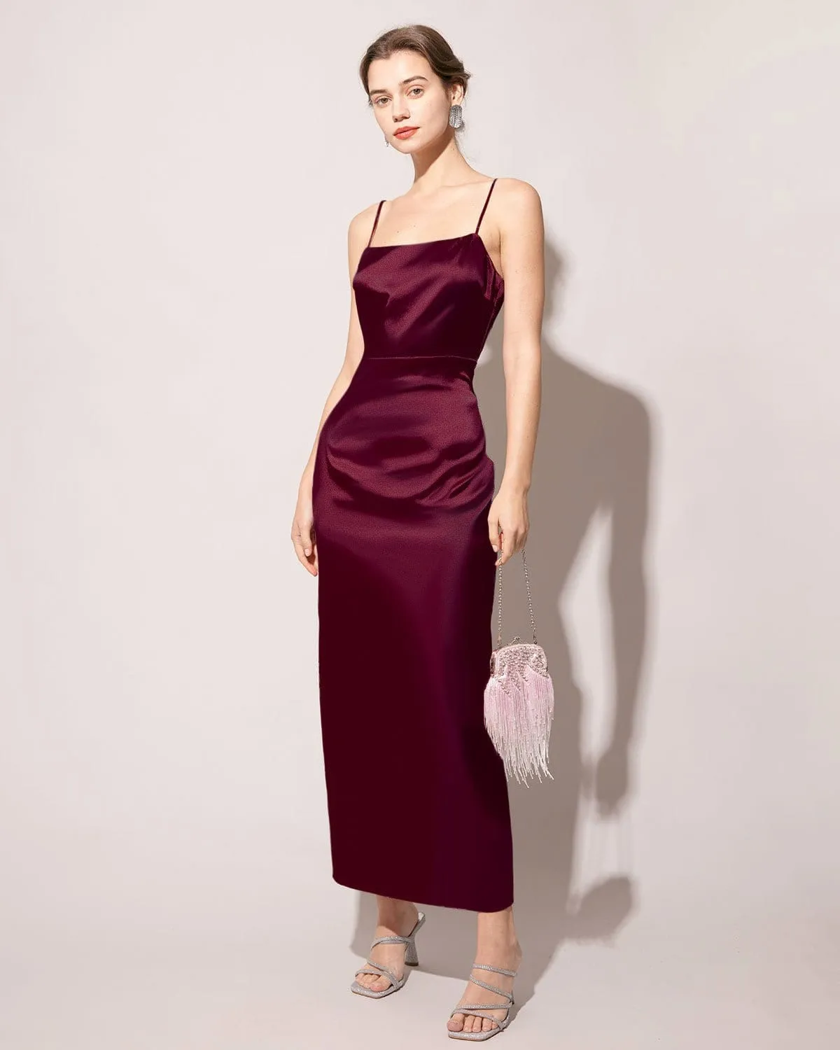 The Red Back Slit Satin Sling Maxi Dress