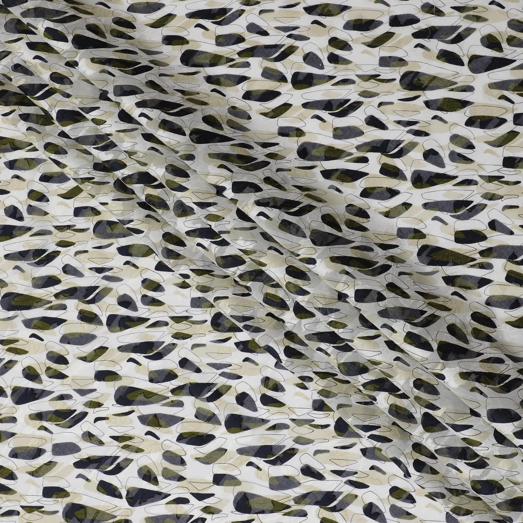 Uragiri Cotton Voile Fabric with Jacquard, 110 cm Width, White and Olive Abstract Design-D19965