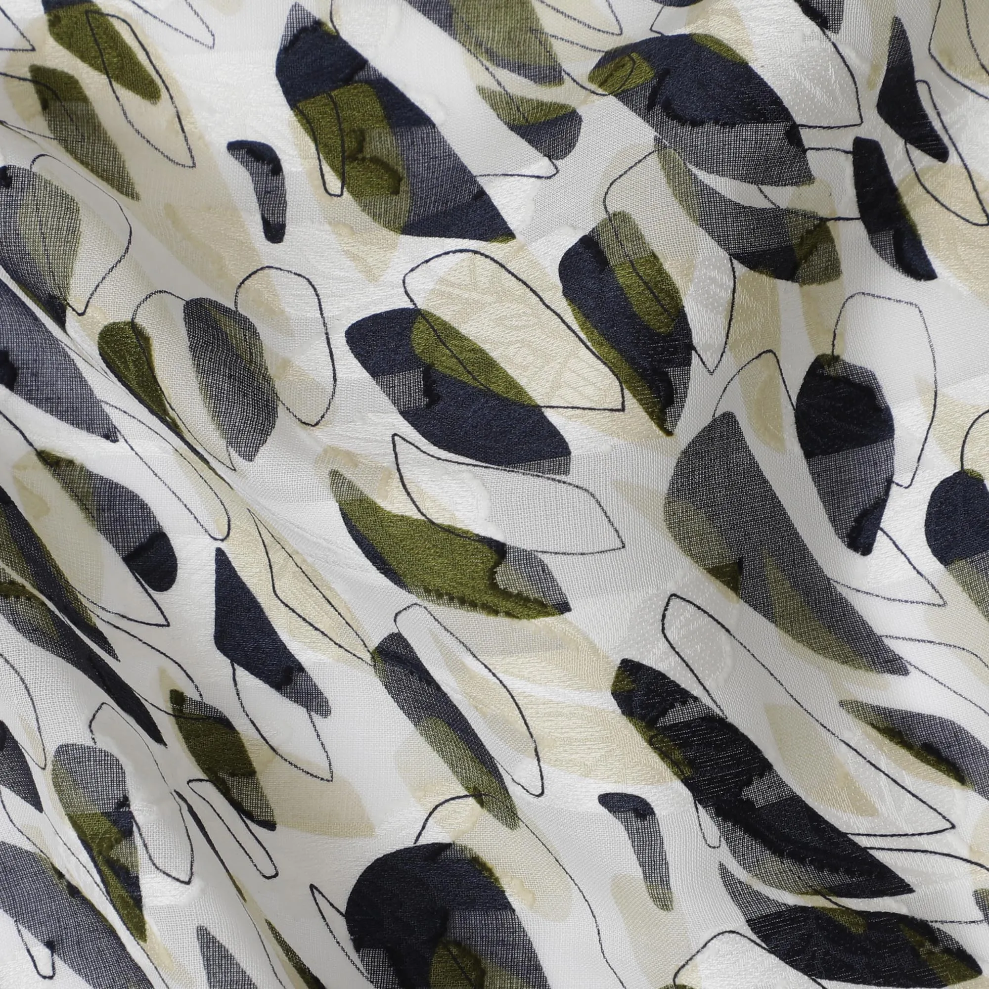 Uragiri Cotton Voile Fabric with Jacquard, 110 cm Width, White and Olive Abstract Design-D19965