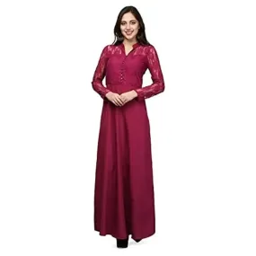 V&M Pink Lace Empire Waist Front Button Design A-line Long Indo Westen Dress for Women (vm58)